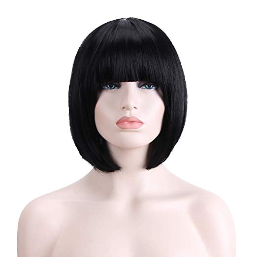 BARSDAR 11" Black Short Straight Bob Wigs with Flat Bangs Hair Christmas Party Costume Thanks Giving Day Daily Use